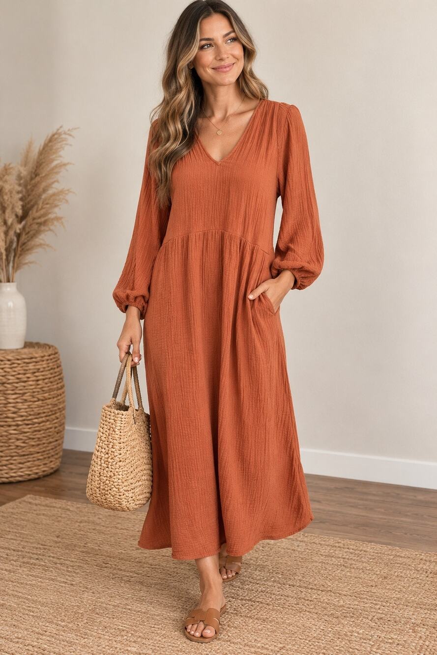 Madewell Women's Size Medium Long Sleeve Brown Open Back Midi Dress Cotton BOHO